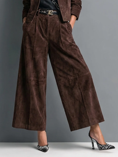 Elegant Dark Brown Suedette Jacket Two Piece Set for Women with Collar Long Sleeve Wide Leg Pant Tailored Style