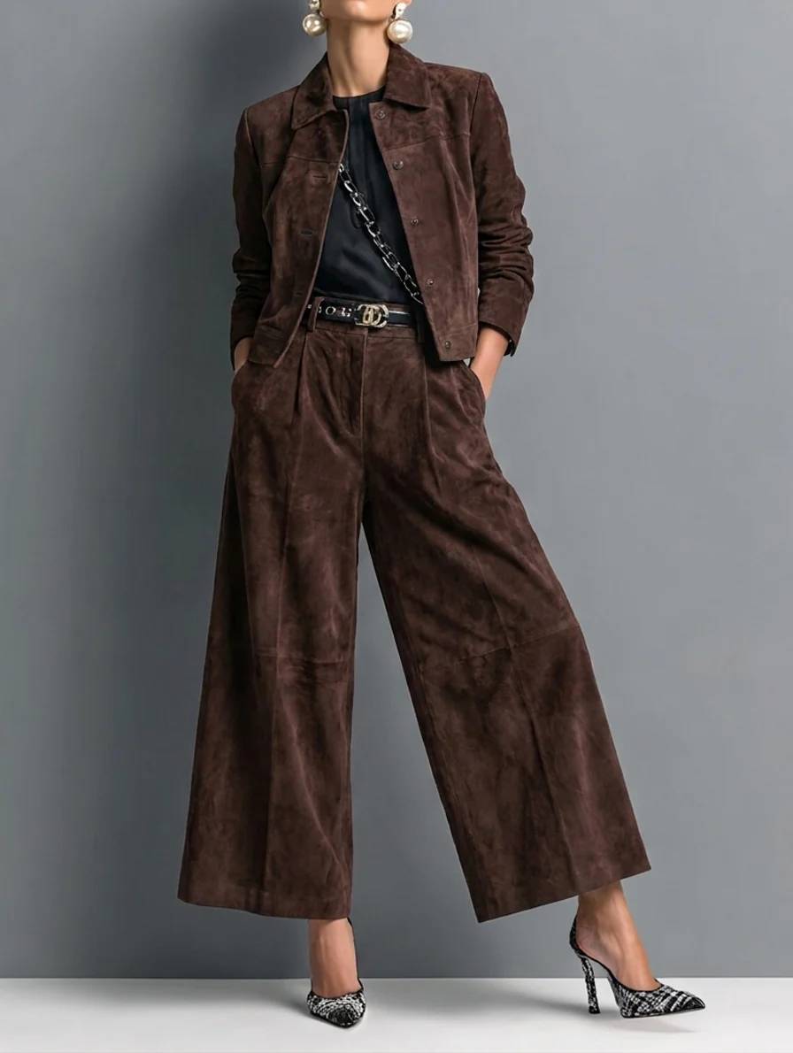 Elegant Dark Brown Suedette Jacket Two Piece Set for Women with Collar Long Sleeve Wide Leg Pant Tailored Style