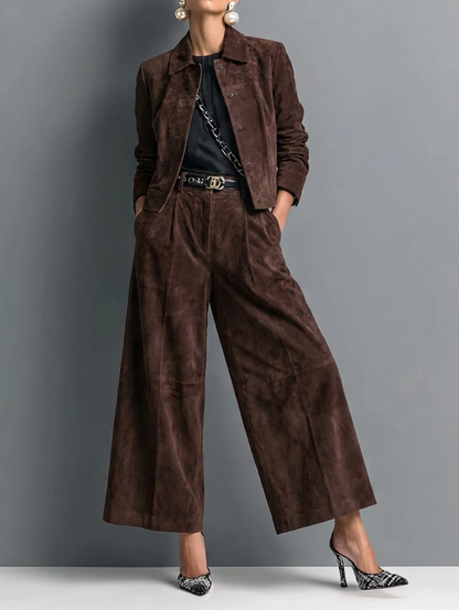 Elegant Dark Brown Suedette Jacket Two Piece Set for Women with Collar Long Sleeve Wide Leg Pant Tailored Style