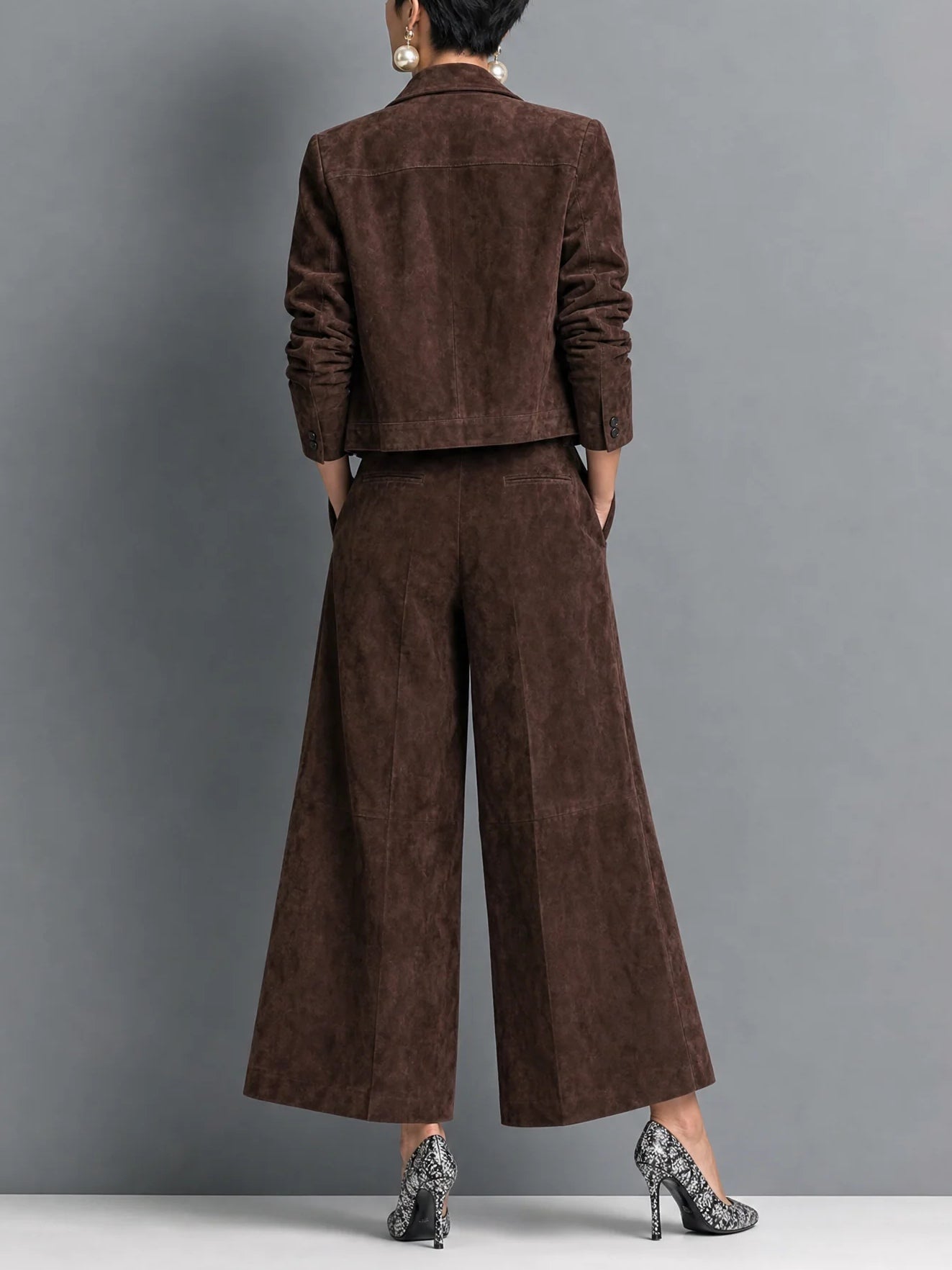 Elegant Dark Brown Suedette Jacket Two Piece Set for Women with Collar Long Sleeve Wide Leg Pant Tailored Style