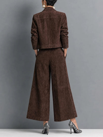 Elegant Dark Brown Suedette Jacket Two Piece Set for Women with Collar Long Sleeve Wide Leg Pant Tailored Style