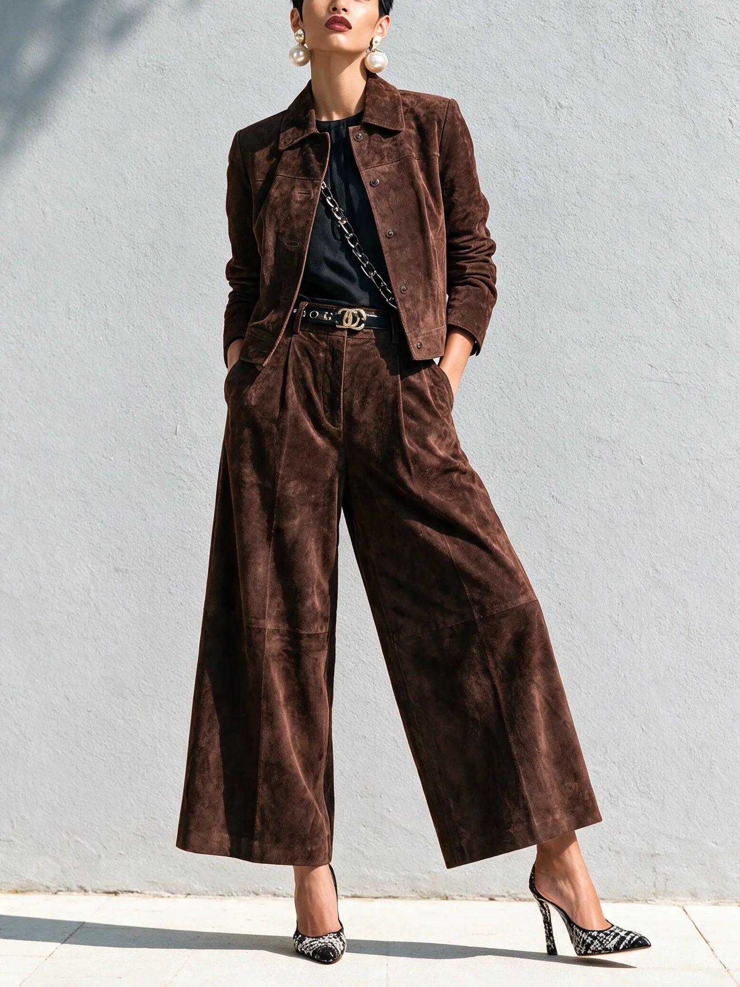 Elegant Dark Brown Suedette Jacket Two Piece Set for Women with Collar Long Sleeve Wide Leg Pant Tailored Style