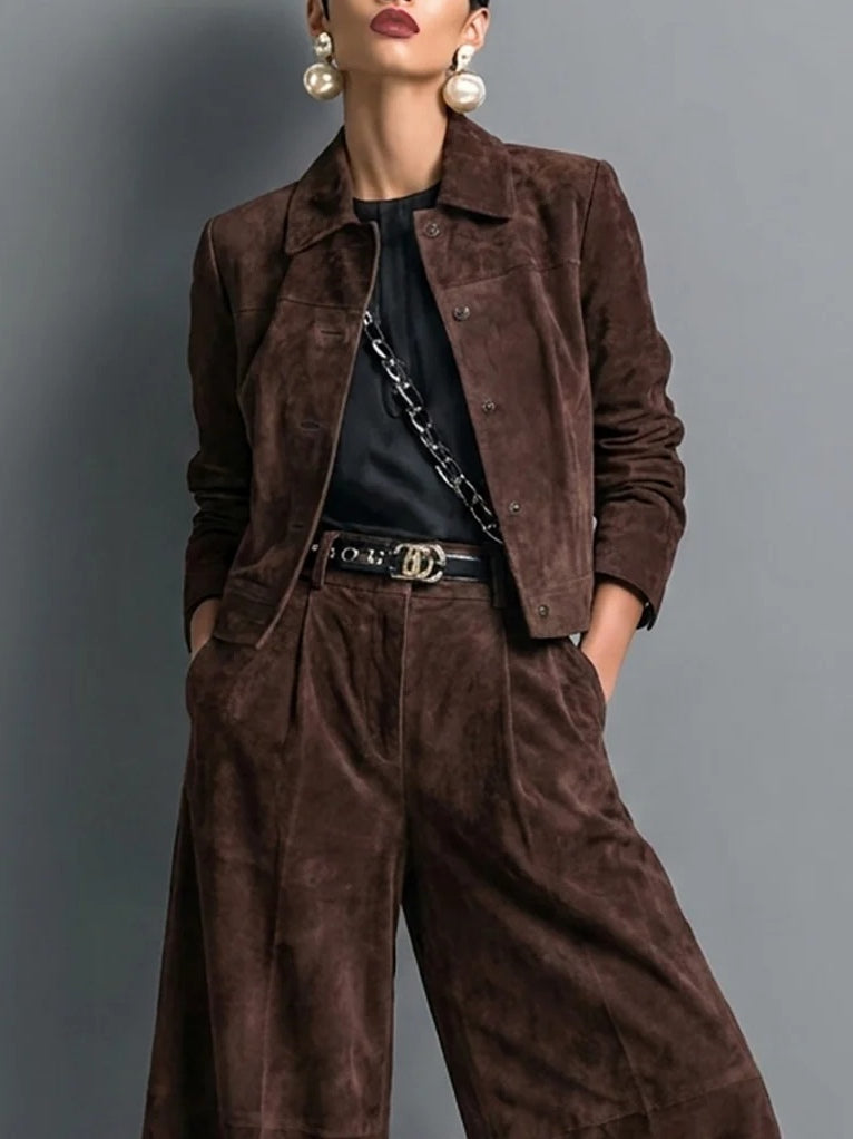 Elegant Dark Brown Suedette Jacket Two Piece Set for Women with Collar Long Sleeve Wide Leg Pant Tailored Style