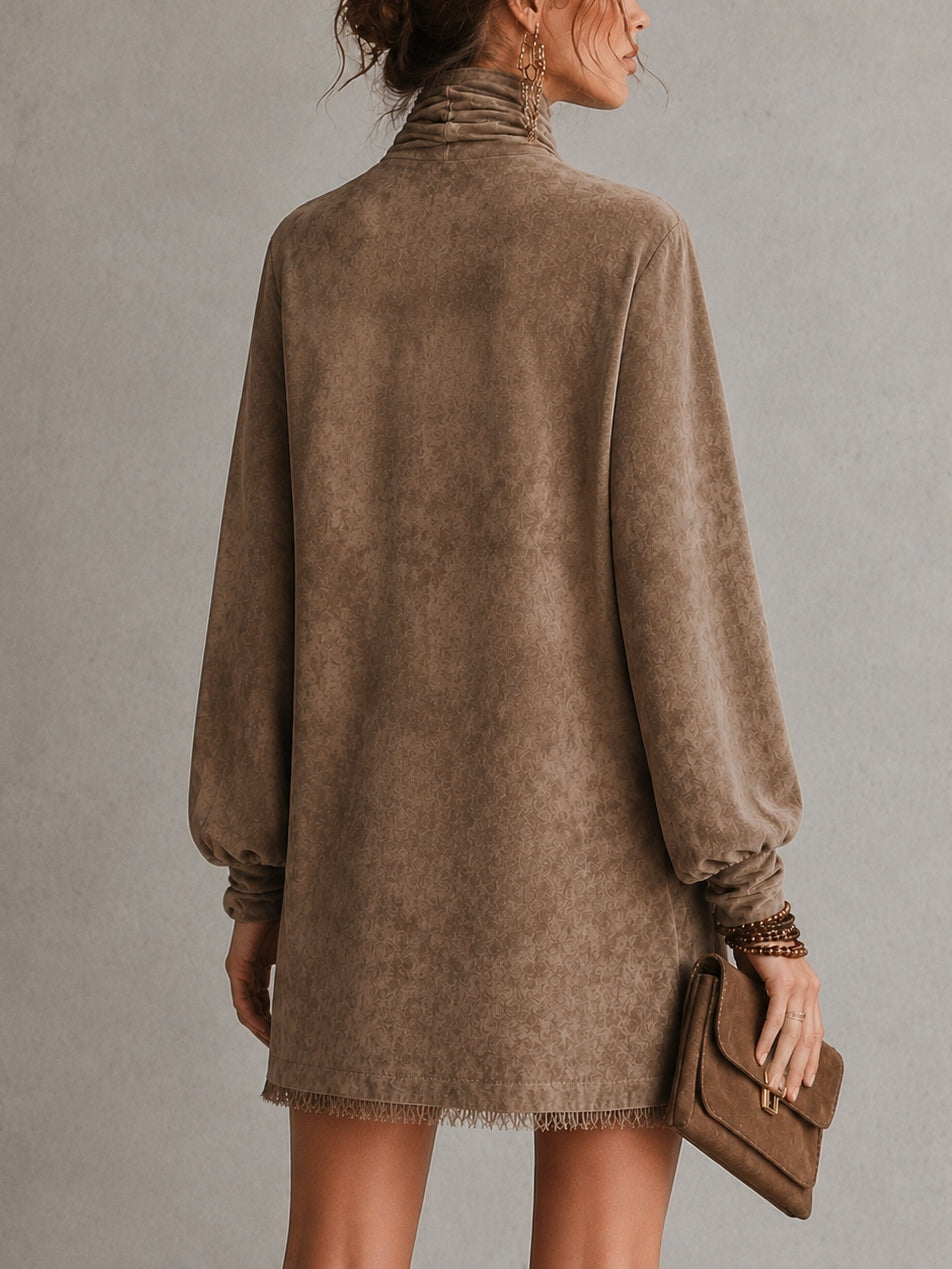 Elegant Brown Faux Suede Long Sleeve Mini Dress for Women with Tie Neck Bow Detail Fringe Hem Bohemian Style