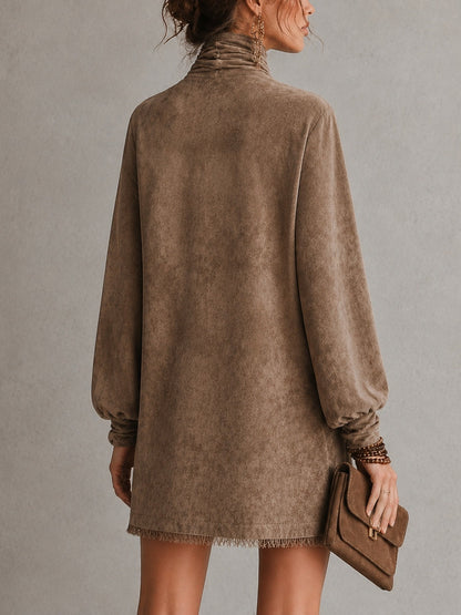 Elegant Brown Faux Suede Long Sleeve Mini Dress for Women with Tie Neck Bow Detail Fringe Hem Bohemian Style