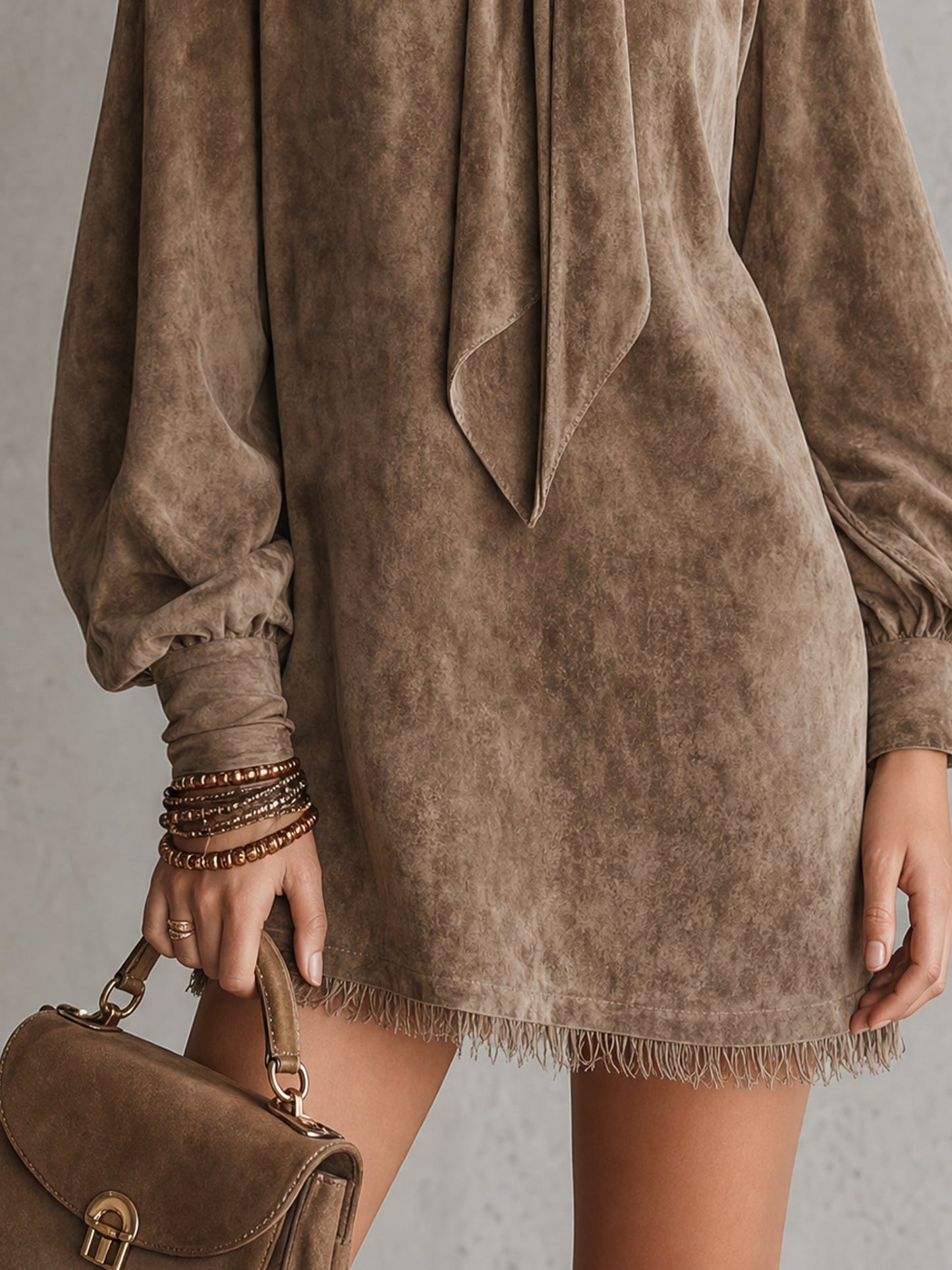 Elegant Brown Faux Suede Long Sleeve Mini Dress for Women with Tie Neck Bow Detail Fringe Hem Bohemian Style