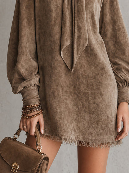 Elegant Brown Faux Suede Long Sleeve Mini Dress for Women with Tie Neck Bow Detail Fringe Hem Bohemian Style