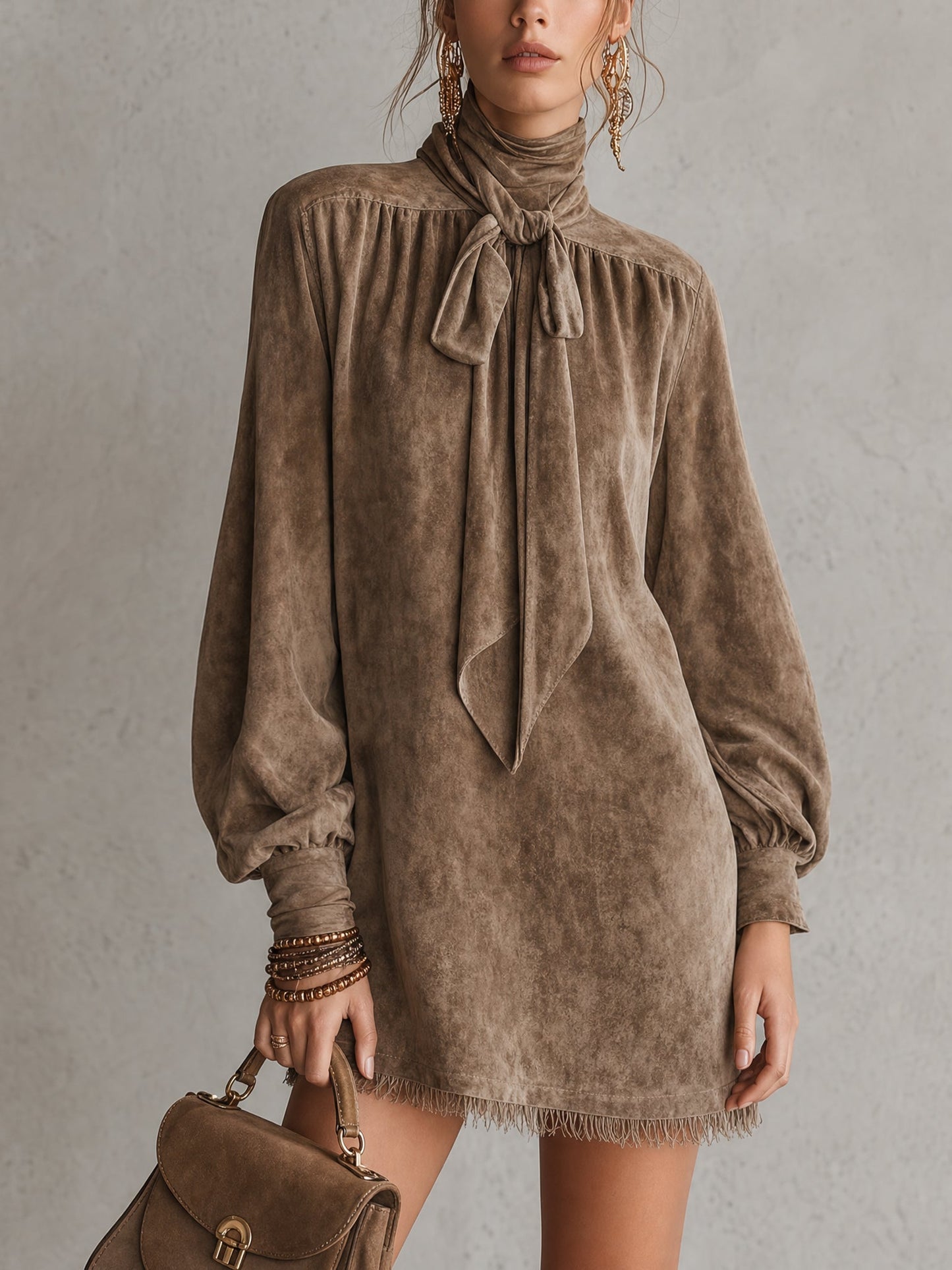 Elegant Brown Faux Suede Long Sleeve Mini Dress for Women with Tie Neck Bow Detail Fringe Hem Bohemian Style