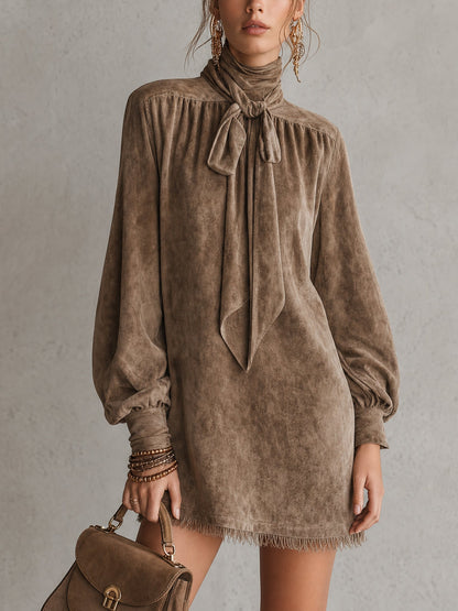 Elegant Brown Faux Suede Long Sleeve Mini Dress for Women with Tie Neck Bow Detail Fringe Hem Bohemian Style