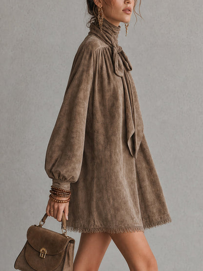 Elegant Brown Faux Suede Long Sleeve Mini Dress for Women with Tie Neck Bow Detail Fringe Hem Bohemian Style