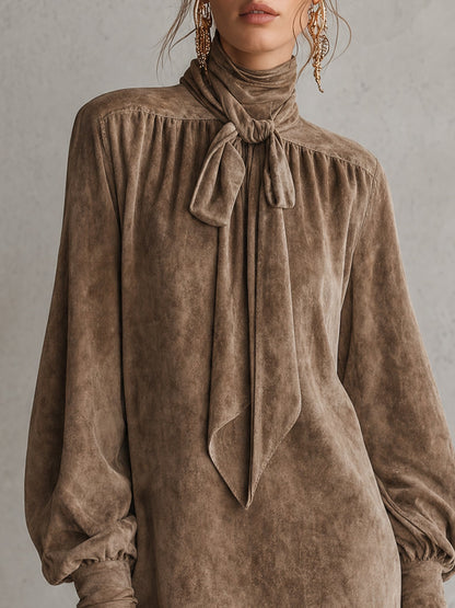 Elegant Brown Faux Suede Long Sleeve Mini Dress for Women with Tie Neck Bow Detail Fringe Hem Bohemian Style