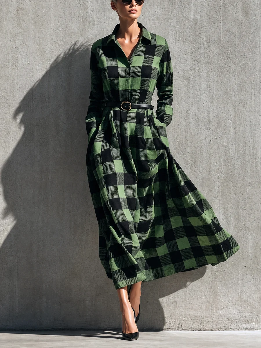 Elegant Green Plaid Dress for Women with Collared Long Sleeve Belted Maxi Shirt Style