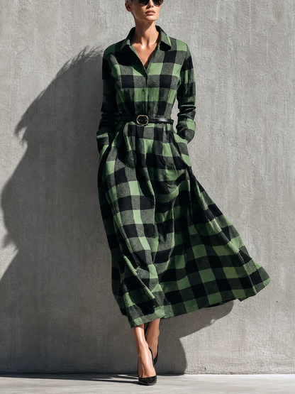 Elegant Green Plaid Dress for Women with Collared Long Sleeve Belted Maxi Shirt Style