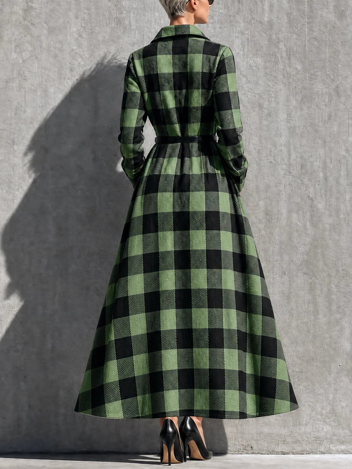 Elegant Green Plaid Dress for Women with Collared Long Sleeve Belted Maxi Shirt Style