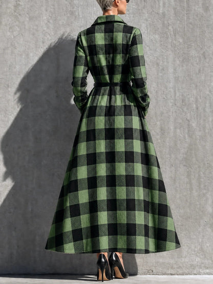 Elegant Green Plaid Dress for Women with Collared Long Sleeve Belted Maxi Shirt Style