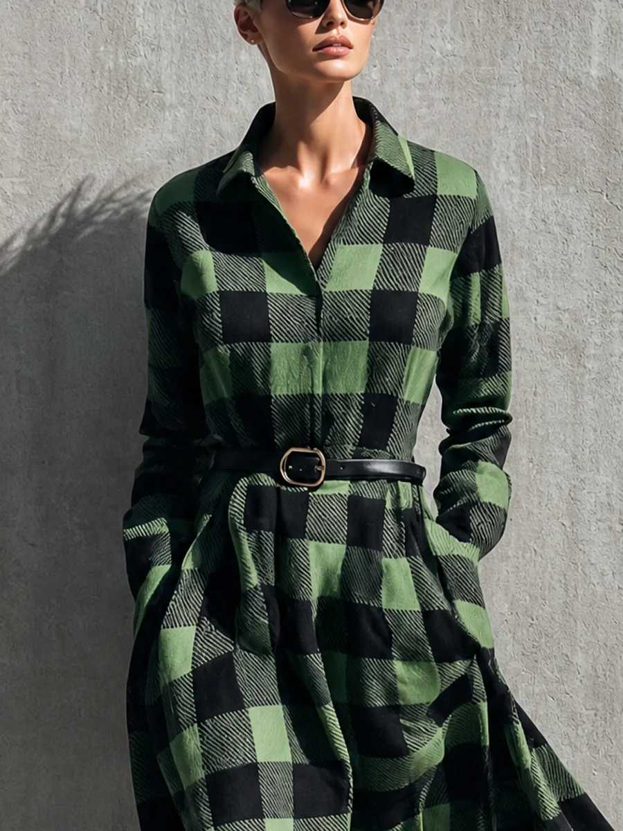 Elegant Green Plaid Dress for Women with Collared Long Sleeve Belted Maxi Shirt Style