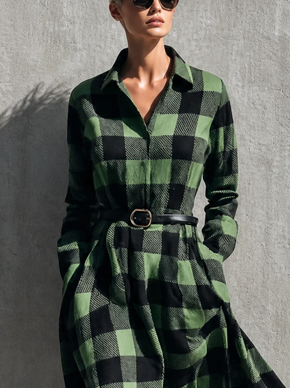 Elegant Green Plaid Dress for Women with Collared Long Sleeve Belted Maxi Shirt Style