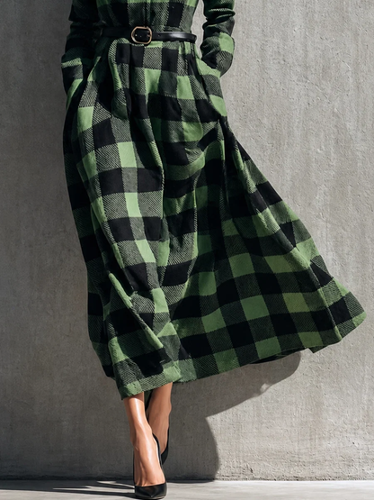 Elegant Green Plaid Dress for Women with Collared Long Sleeve Belted Maxi Shirt Style