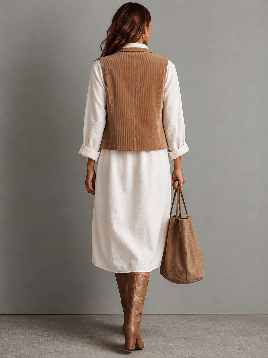 Women's White Button Down Dress with Tan Corduroy Vest Collar Midi Two Piece Style