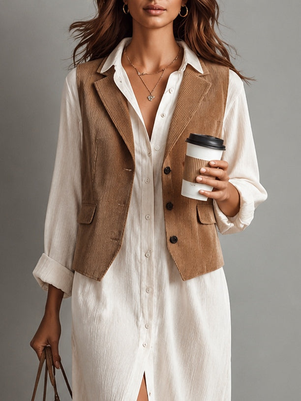 Women's White Button Down Dress with Tan Corduroy Vest Collar Midi Two Piece Style