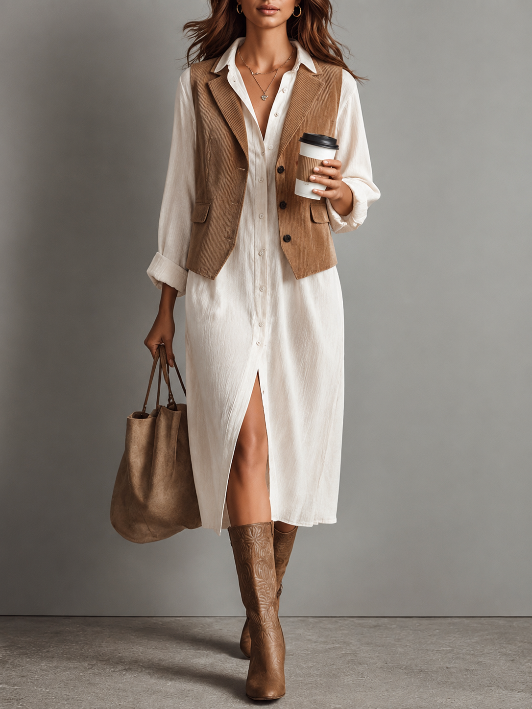Women's White Button Down Dress with Tan Corduroy Vest Collar Midi Two Piece Style