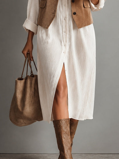 Women's White Button Down Dress with Tan Corduroy Vest Collar Midi Two Piece Style