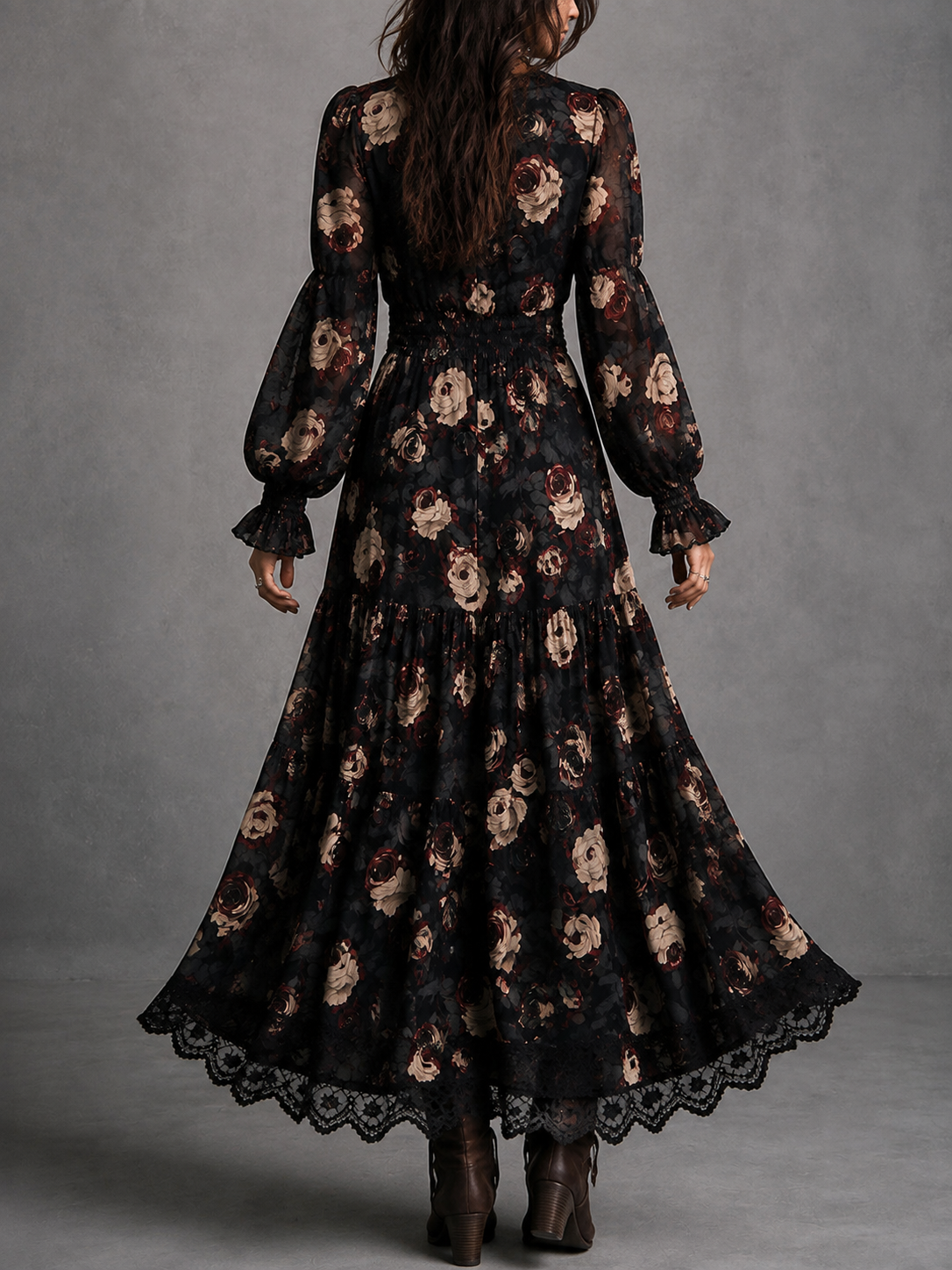 Elegant Black Floral Dress for Women with V Neck Bishop Sleeve Lace Trim Ruched Waist Style