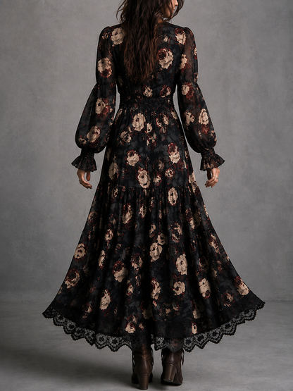 Elegant Black Floral Dress for Women with V Neck Bishop Sleeve Lace Trim Ruched Waist Style