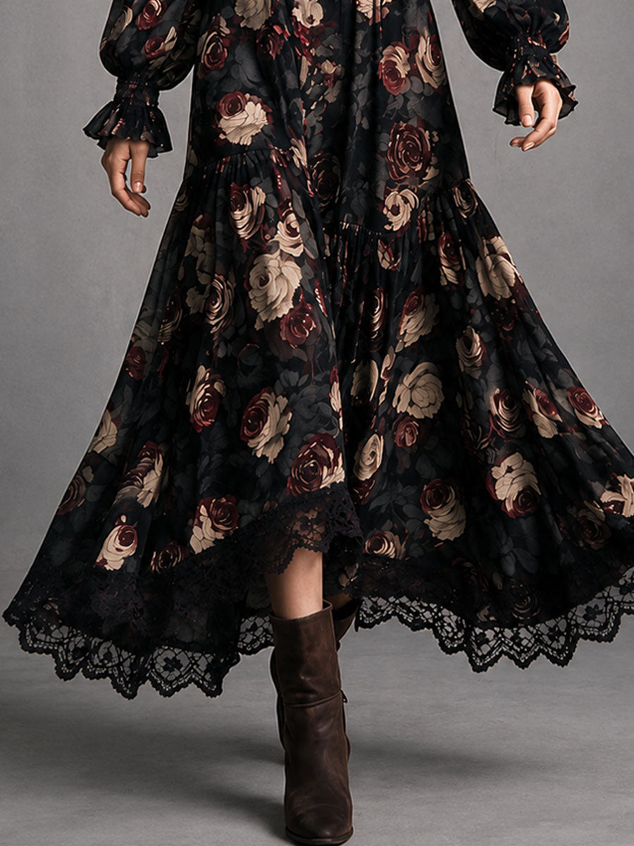 Elegant Black Floral Dress for Women with V Neck Bishop Sleeve Lace Trim Ruched Waist Style