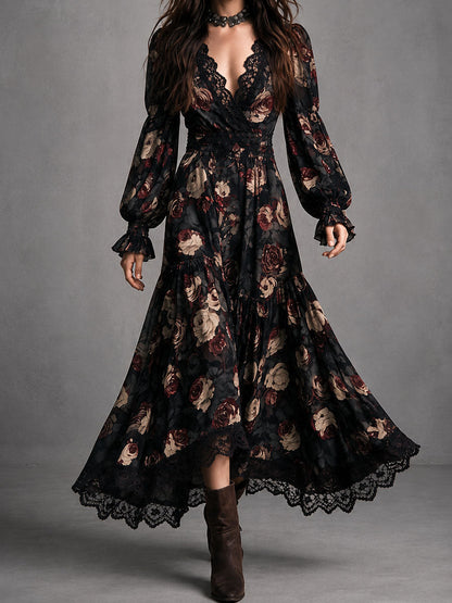 Elegant Black Floral Dress for Women with V Neck Bishop Sleeve Lace Trim Ruched Waist Style