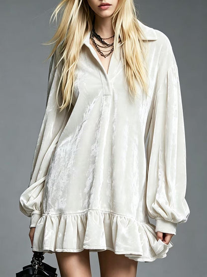Elegant Velvet Mini Dress for Women with Collared V Neck Lantern Sleeve Ruffled Hem Style