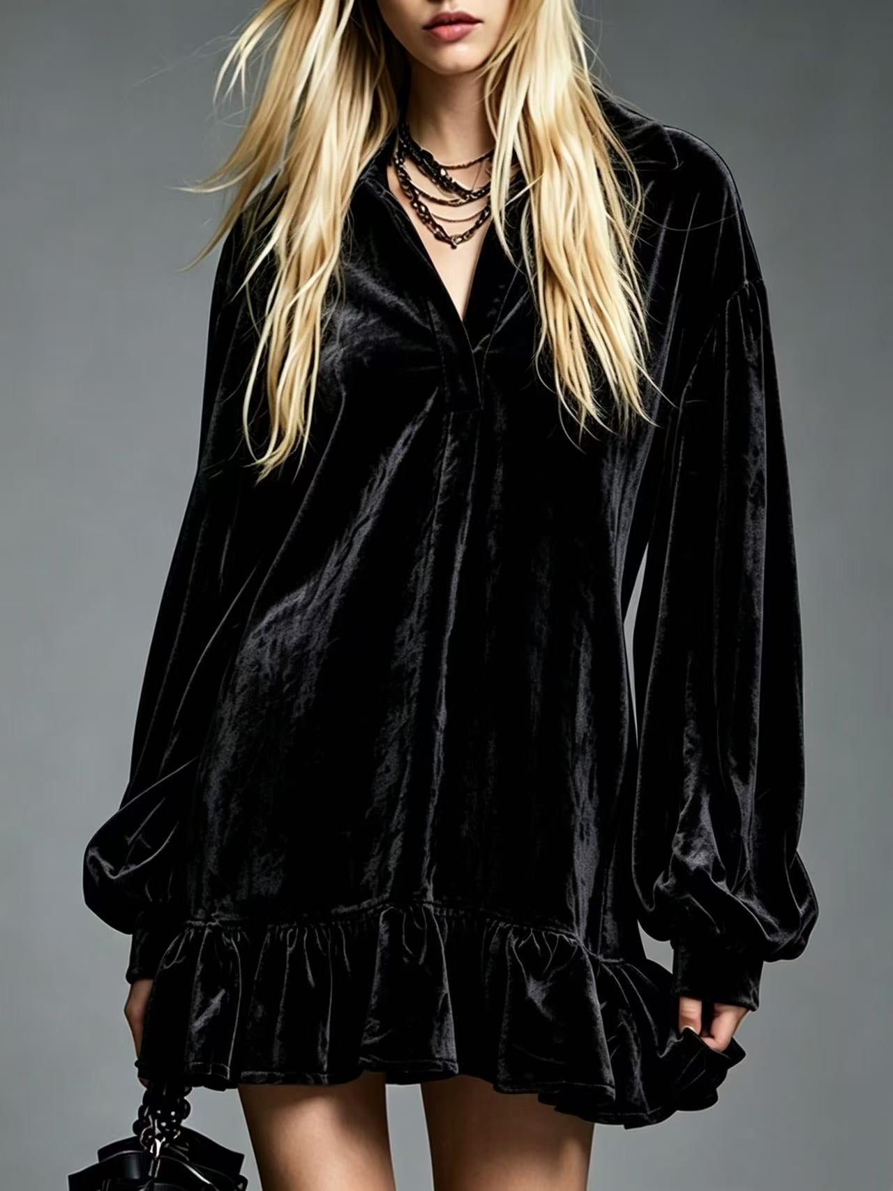 Elegant Velvet Mini Dress for Women with Collared V Neck Lantern Sleeve Ruffled Hem Style