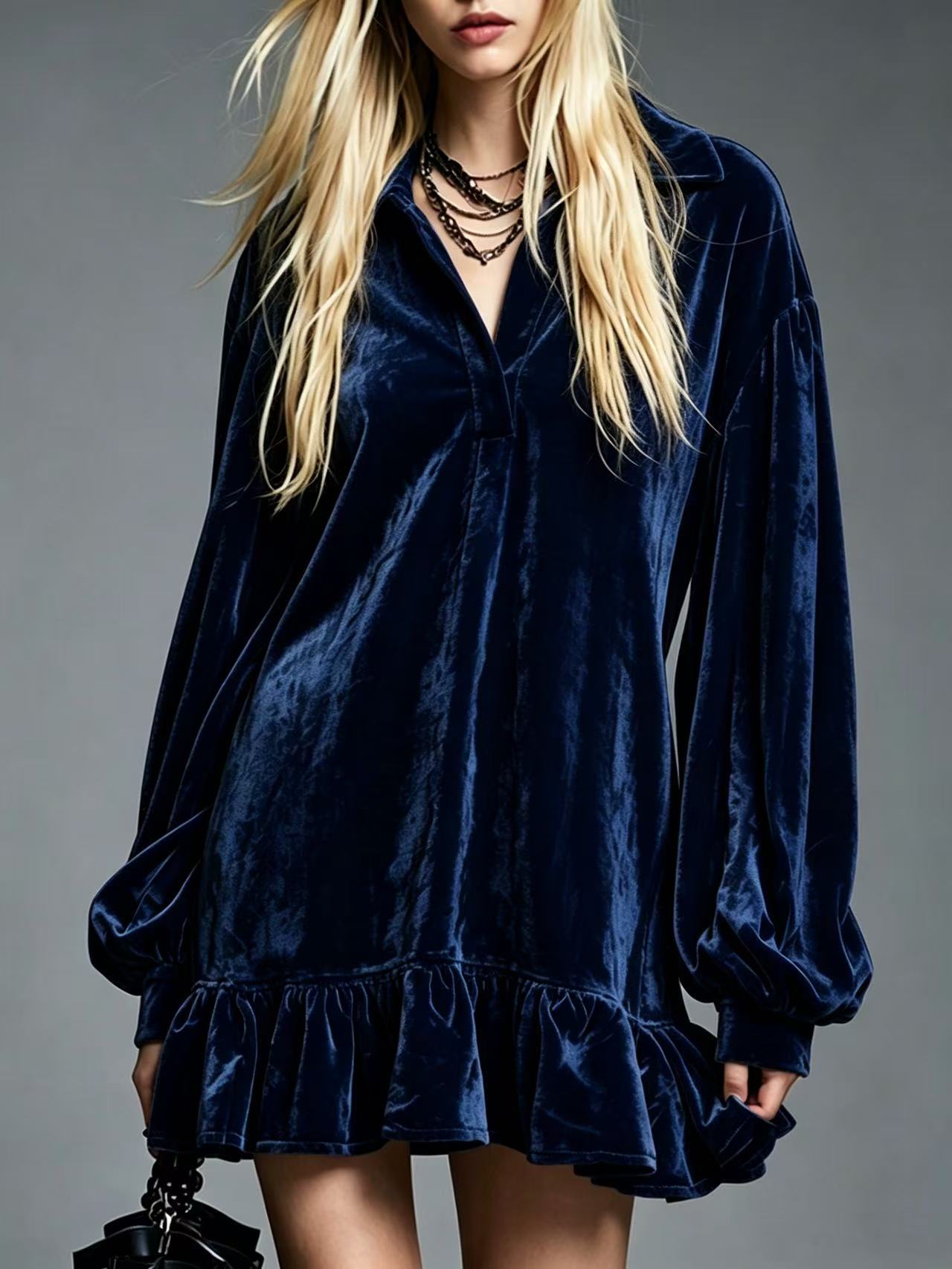 Elegant Velvet Mini Dress for Women with Collared V Neck Lantern Sleeve Ruffled Hem Style