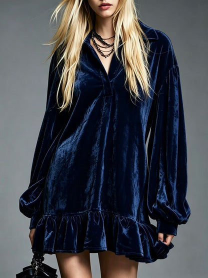 Elegant Velvet Mini Dress for Women with Collared V Neck Lantern Sleeve Ruffled Hem Style
