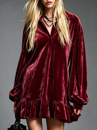 Elegant Velvet Mini Dress for Women with Collared V Neck Lantern Sleeve Ruffled Hem Style