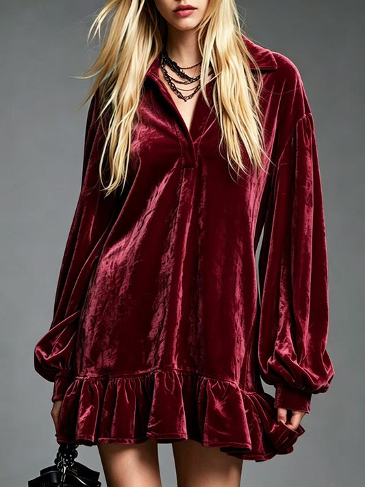 Elegant Velvet Mini Dress for Women with Collared V Neck Lantern Sleeve Ruffled Hem Style