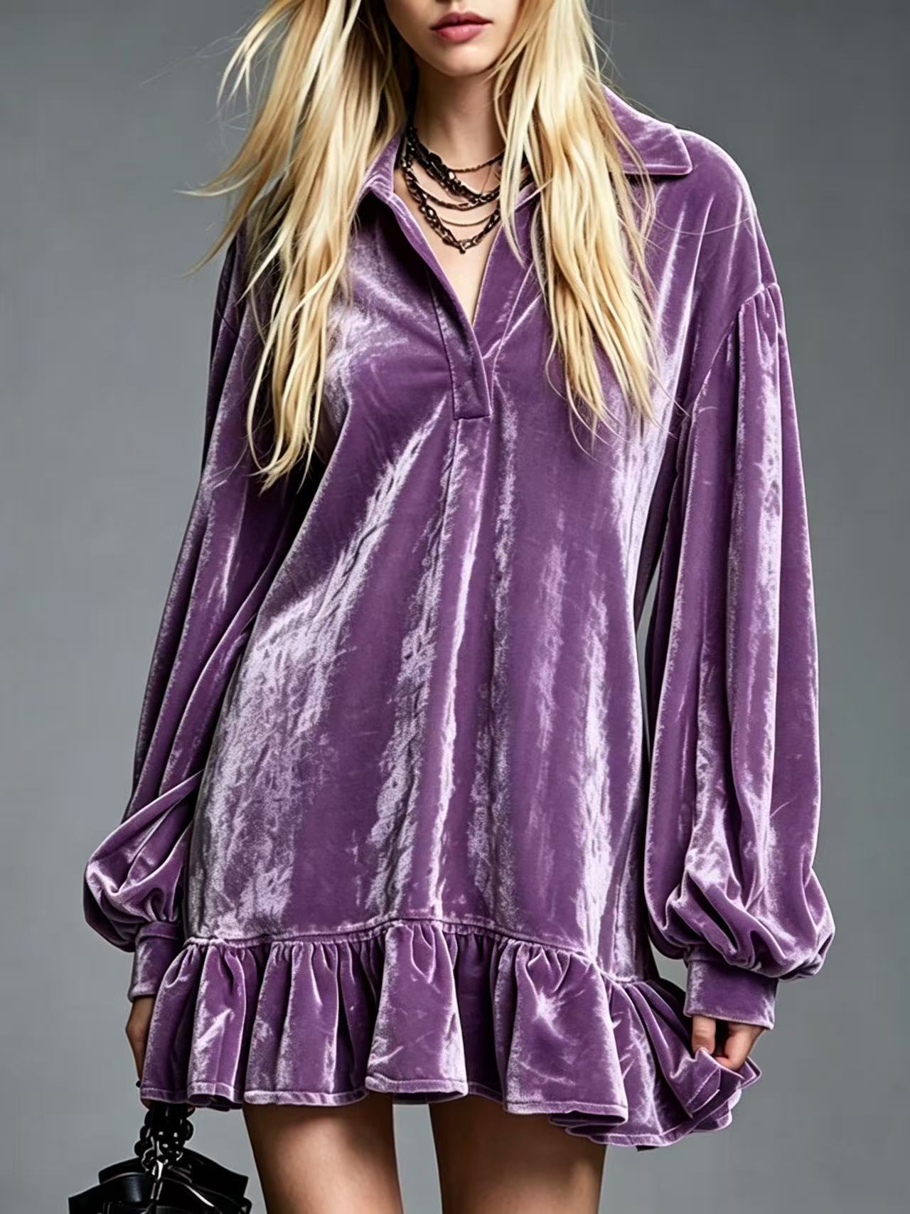 Elegant Velvet Mini Dress for Women with Collared V Neck Lantern Sleeve Ruffled Hem Style