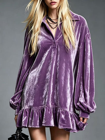 Elegant Velvet Mini Dress for Women with Collared V Neck Lantern Sleeve Ruffled Hem Style