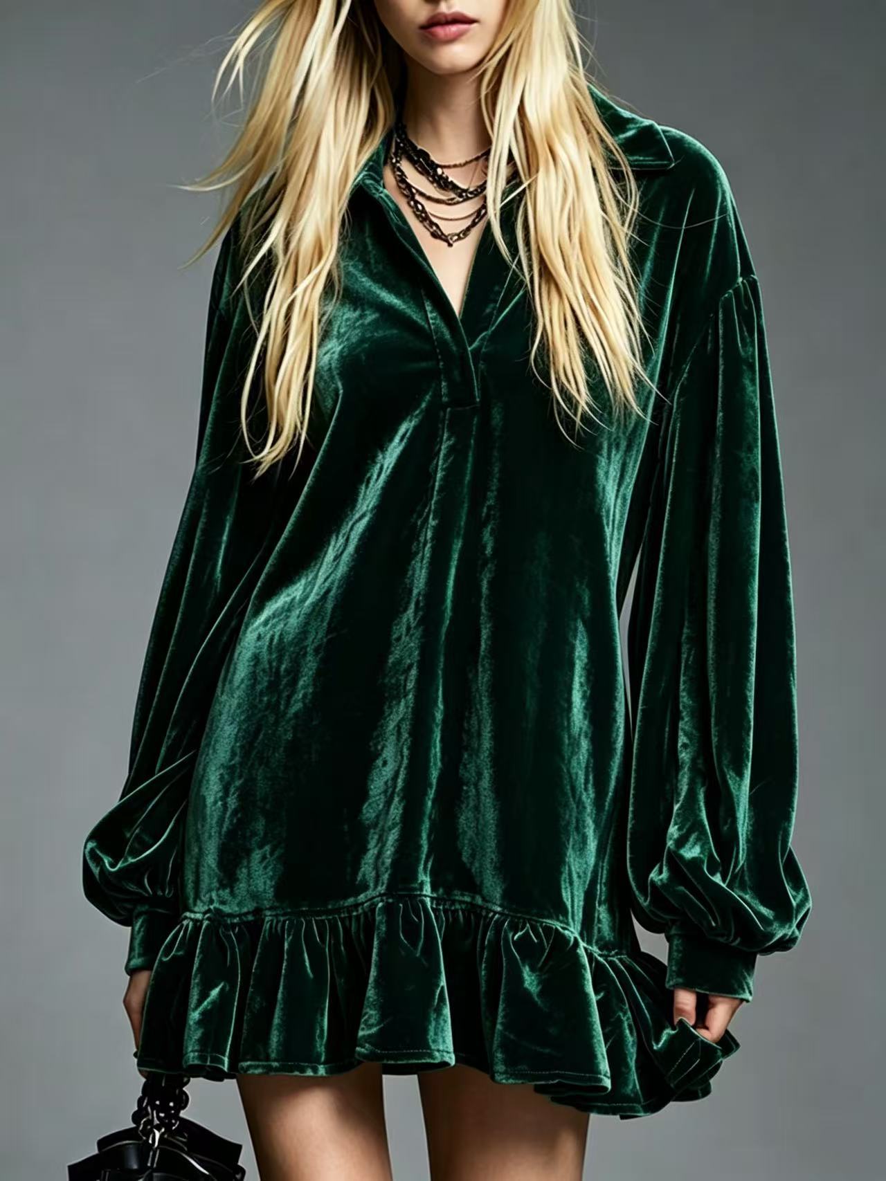 Elegant Velvet Mini Dress for Women with Collared V Neck Lantern Sleeve Ruffled Hem Style
