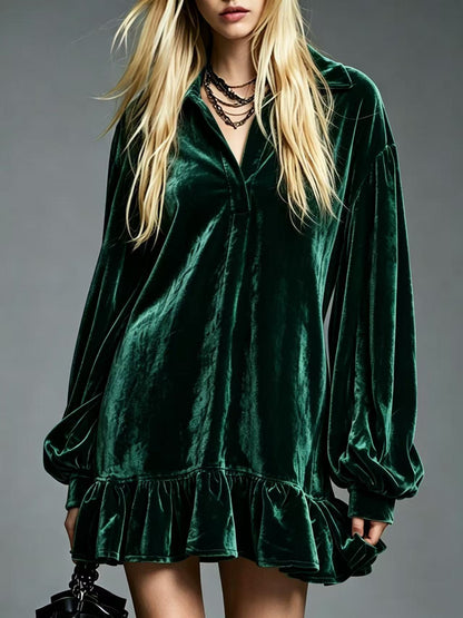 Elegant Velvet Mini Dress for Women with Collared V Neck Lantern Sleeve Ruffled Hem Style