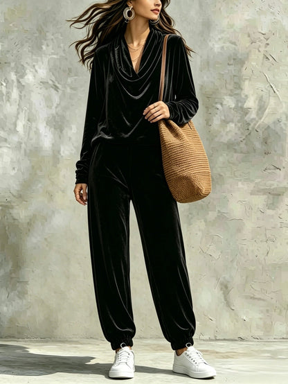 Comfortable Velvet Lounge Set for Women with Cowl Neck Long Sleeve Cuffed Jogger Style