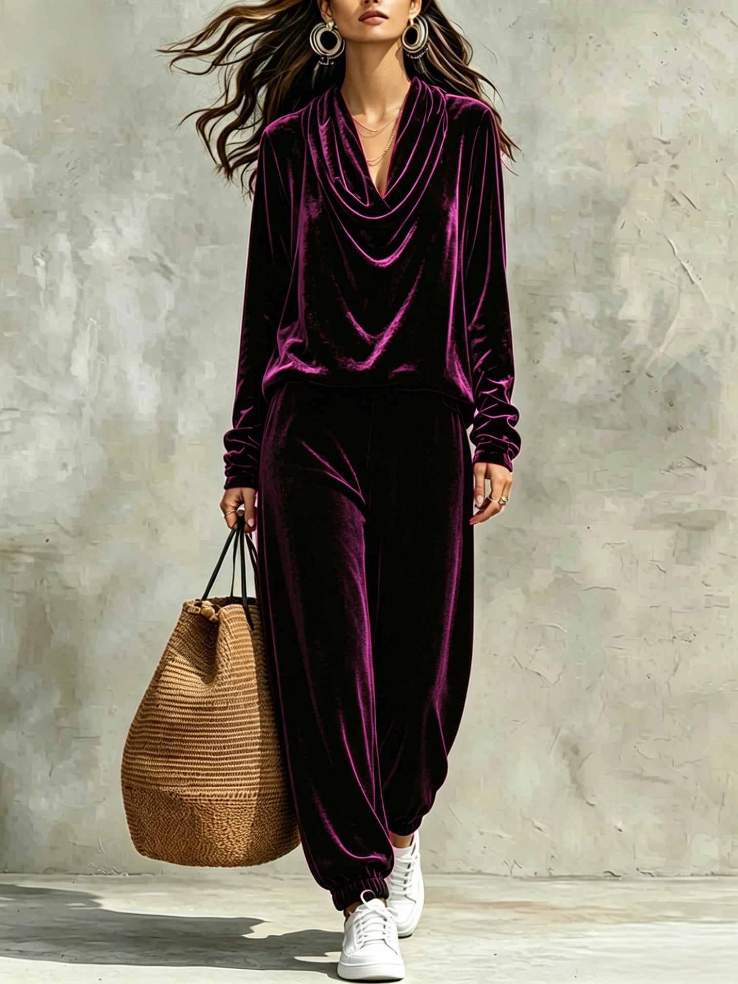 Comfortable Velvet Lounge Set for Women with Cowl Neck Long Sleeve Cuffed Jogger Style