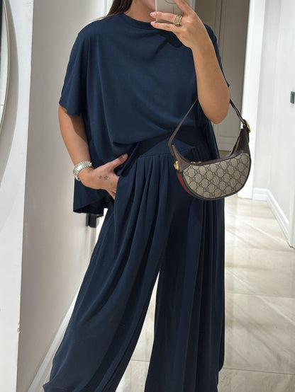 Effortless Oversized Two Piece Set for Women with Wide Leg Pleated Trousers