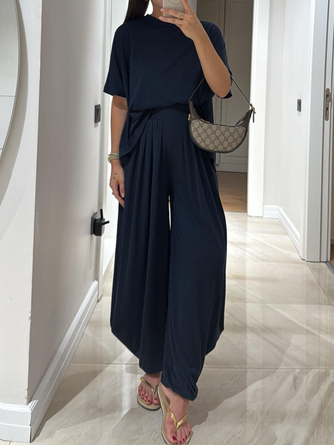 Effortless Oversized Two Piece Set for Women with Wide Leg Pleated Trousers