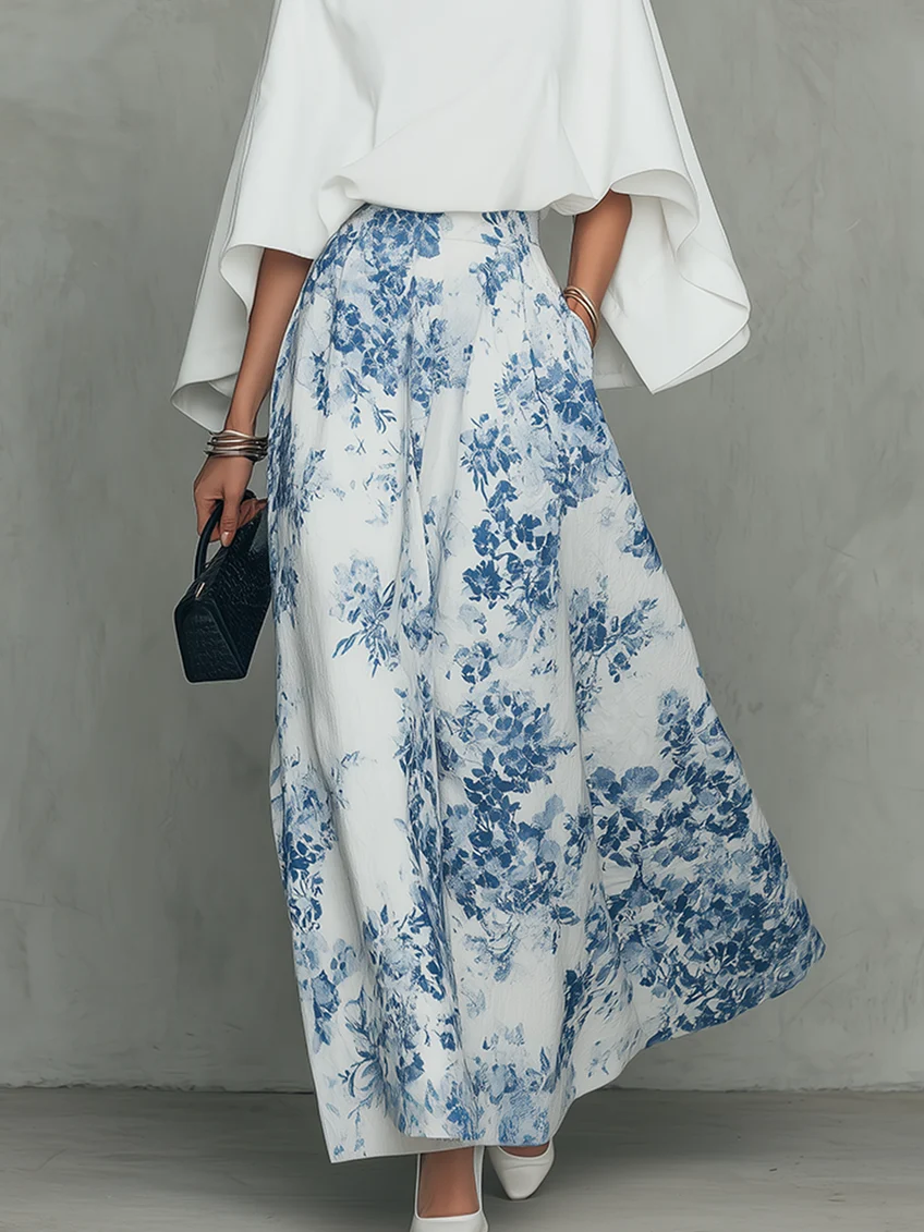Effortless Floral Print Maxi Skirt Set for Women with Cape Top Two Piece Relaxed Style