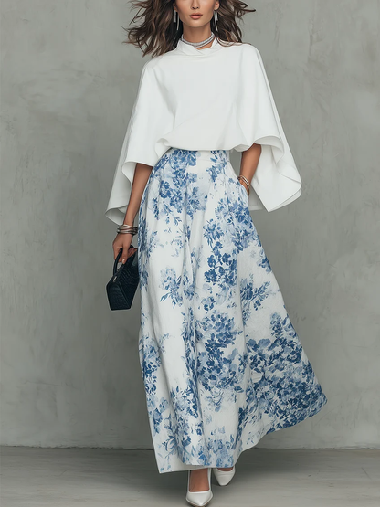 Effortless Floral Print Maxi Skirt Set for Women with Cape Top Two Piece Relaxed Style