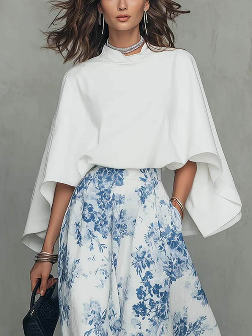 Effortless Floral Print Maxi Skirt Set for Women with Cape Top Two Piece Relaxed Style