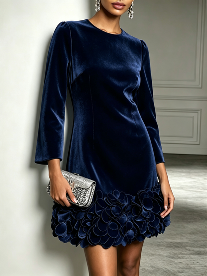 Elegant Navy Velvet Mini Dress for Women with Round Neck Long Sleeve Floral Rosette Hem Party Style