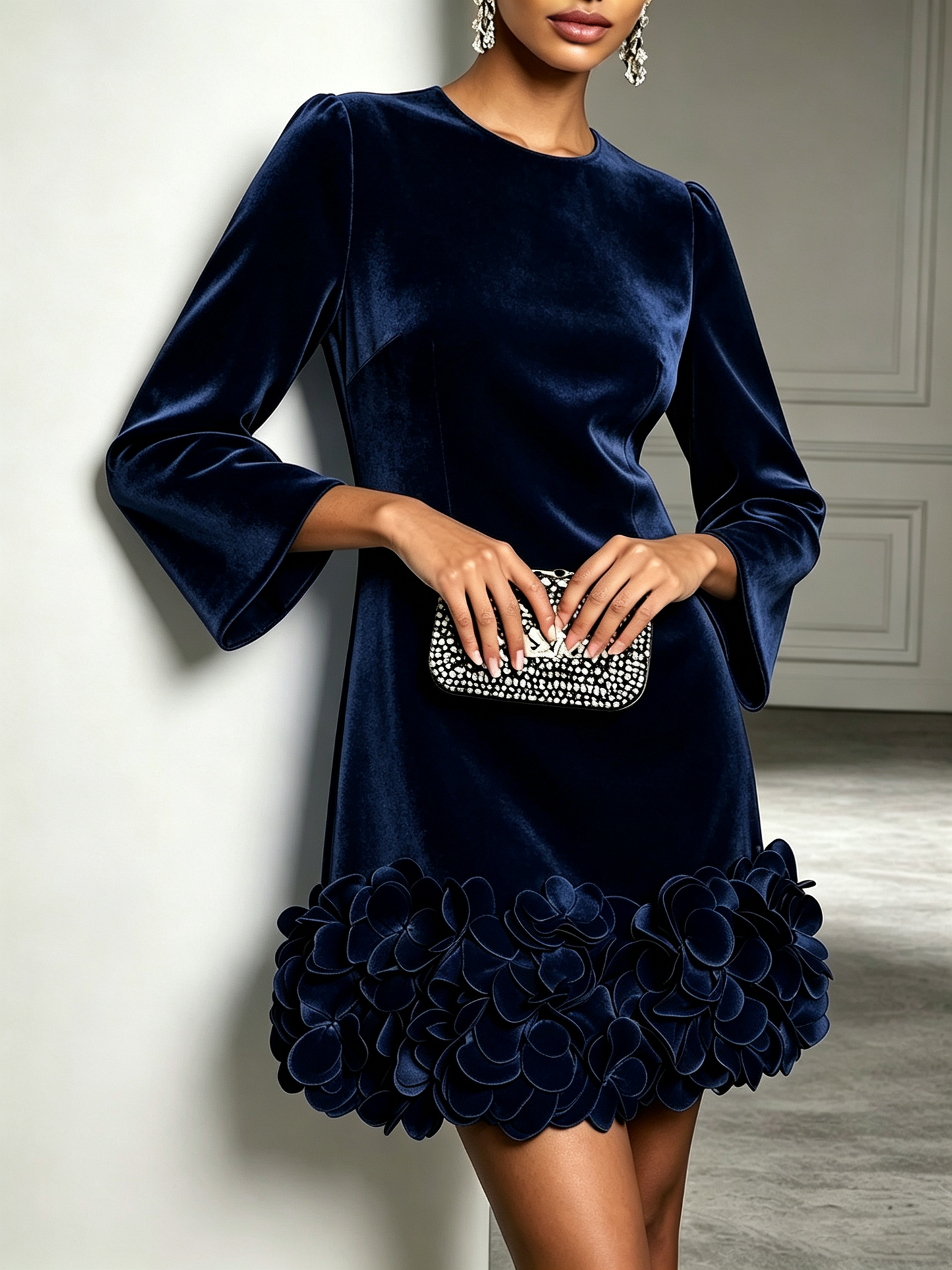 Elegant Navy Velvet Mini Dress for Women with Round Neck Long Sleeve Floral Rosette Hem Party Style