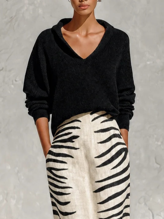 Stylish Zebra Print Two Piece Set for Women with V Neck Knit Top High Waist Midi Skirt Linen Style